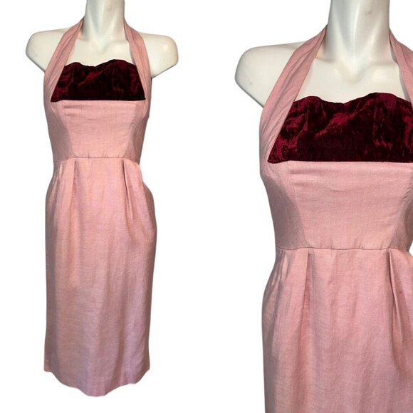 Vtg 60s Hannah Troy Pink Linen Wiggle Dress Maroon Detail Halter Pinup Small - Picture 1 of 8